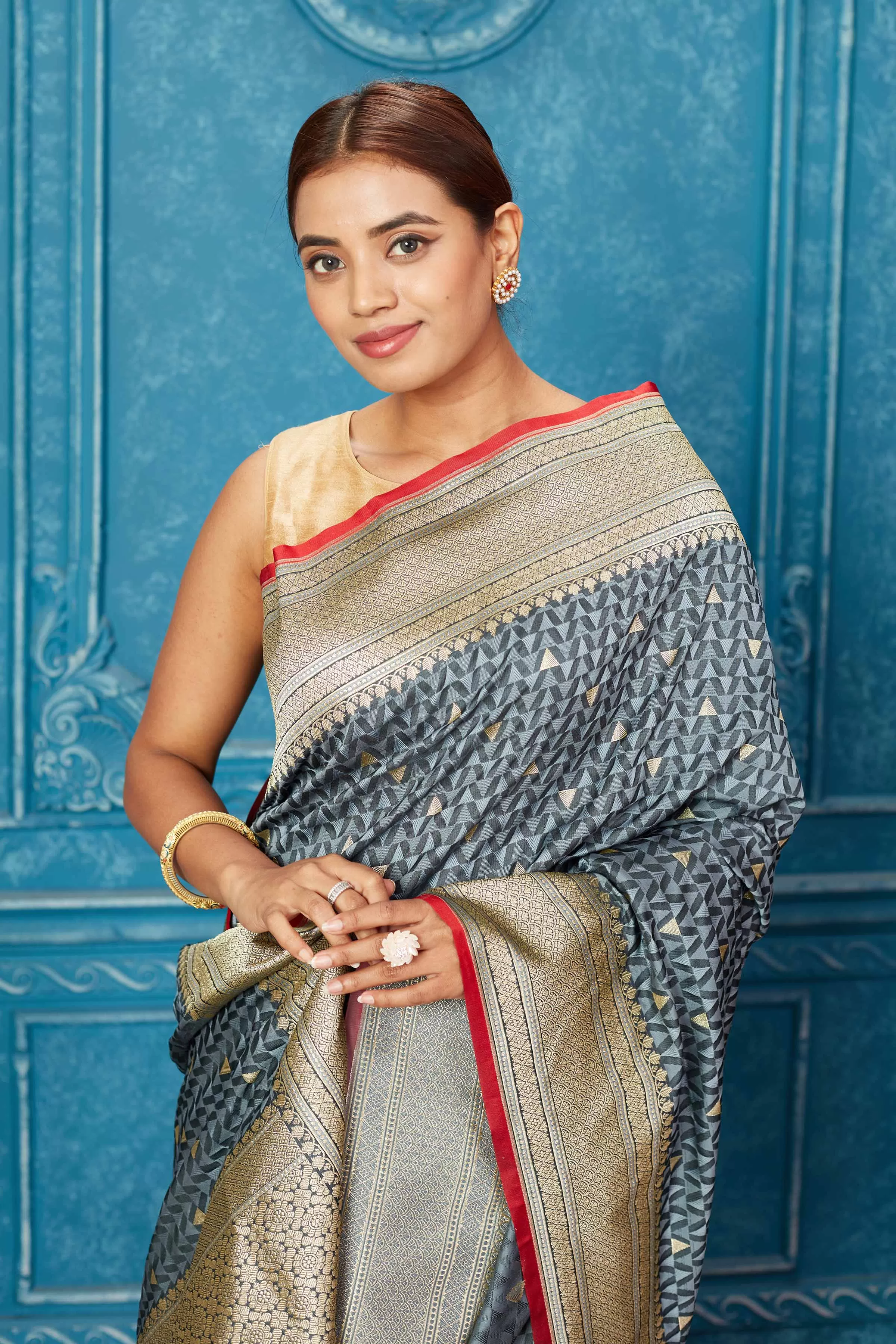 91A251 Grey Mashru Banarasi Saree with Zari Border