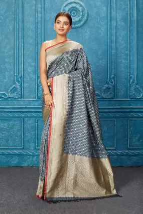 91A251 Grey Mashru Banarasi Saree with Zari Border