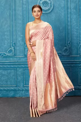 91A254 Dusty Pink Banarasi Silk Saree with Zari Buta and Border