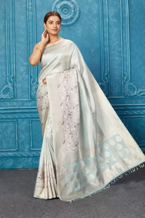 91A255 Powder Blue Banarasi Saree with Printed Zari Border