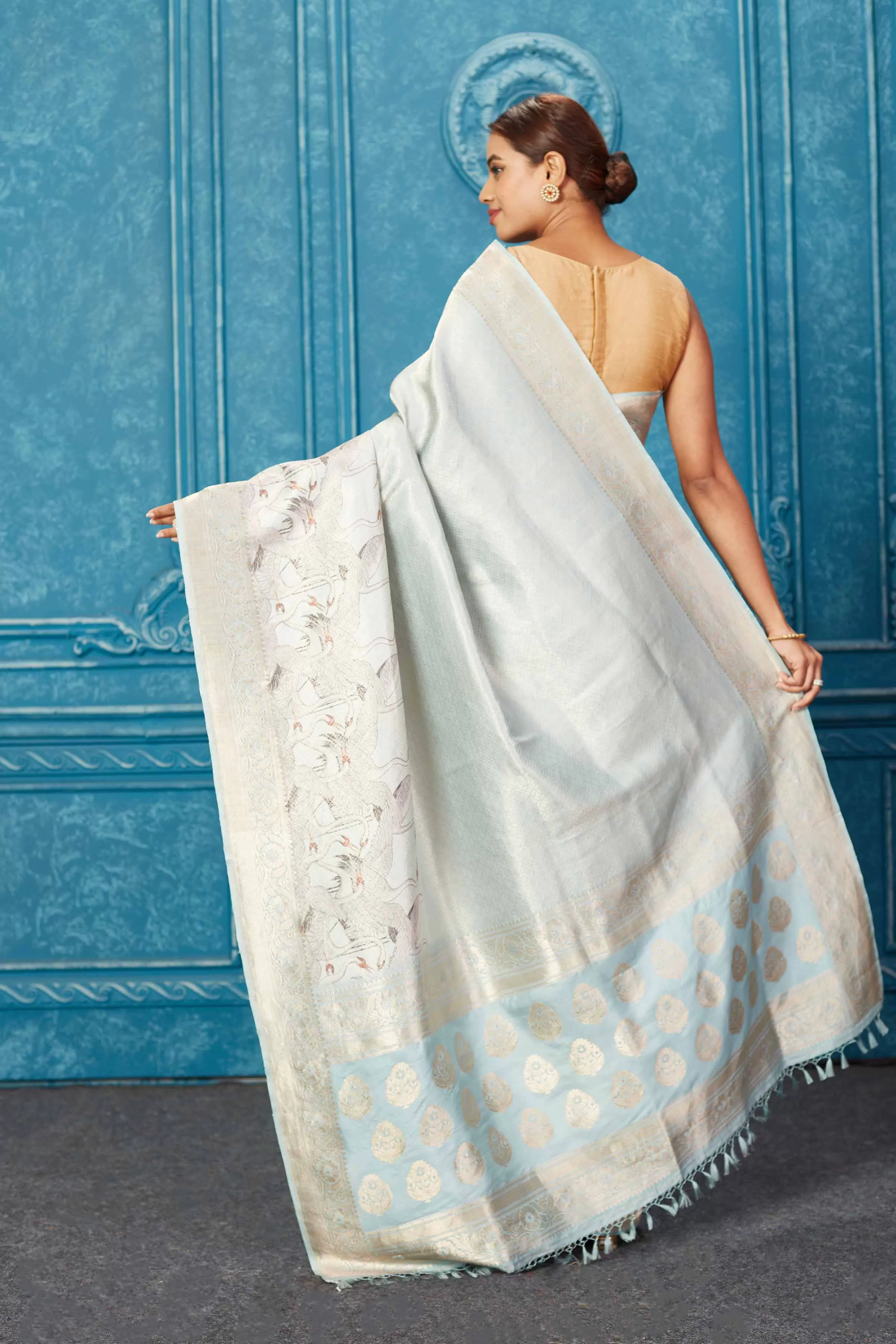 91A255 Powder Blue Banarasi Saree with Printed Zari Border