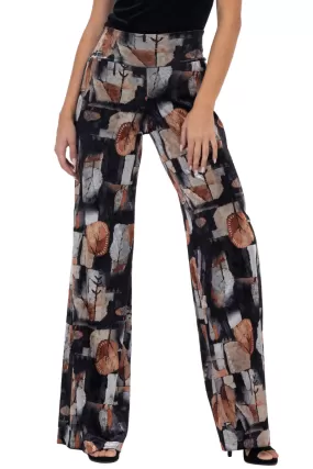 Abstract Leaf Print Velvet Wide Leg Pants