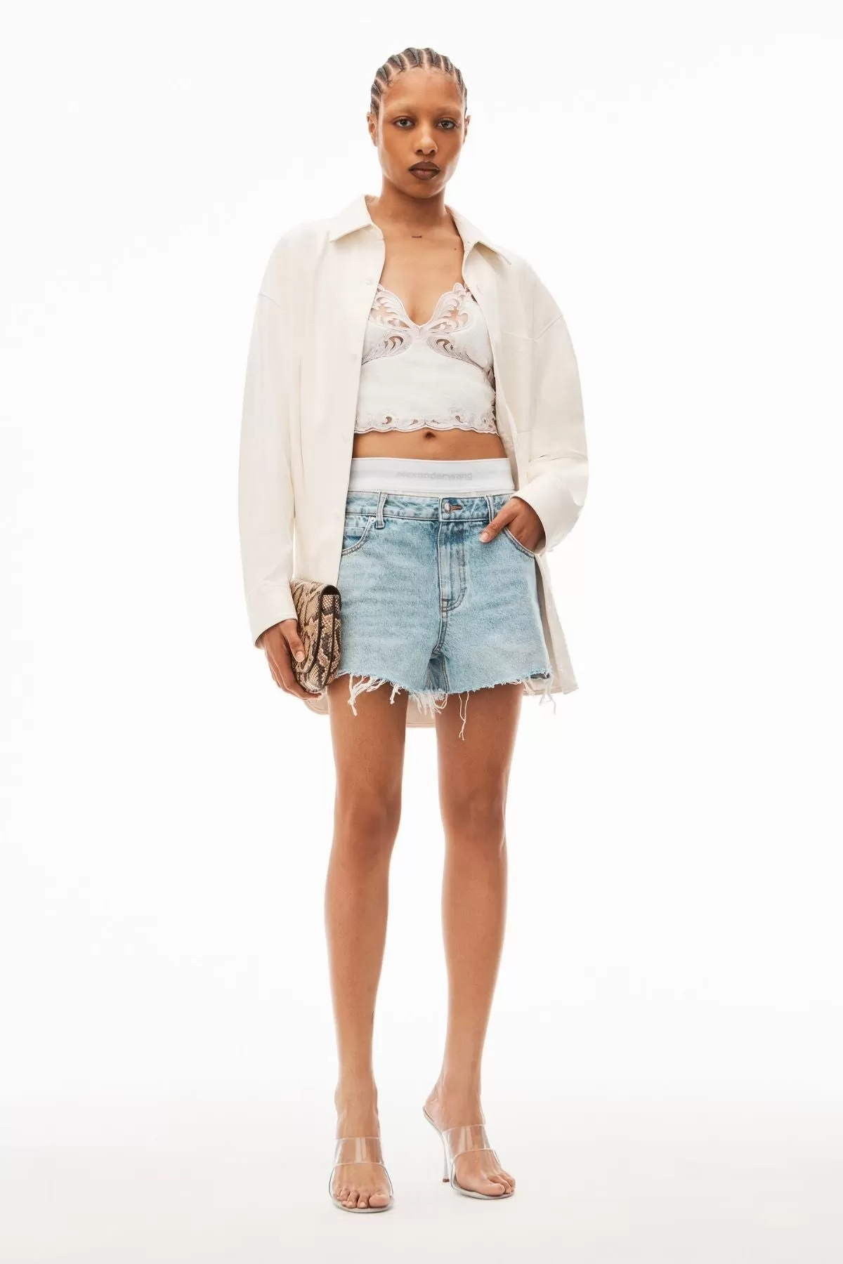 Alexander Wang Logo Elastic Denim Short - Pebble Beach