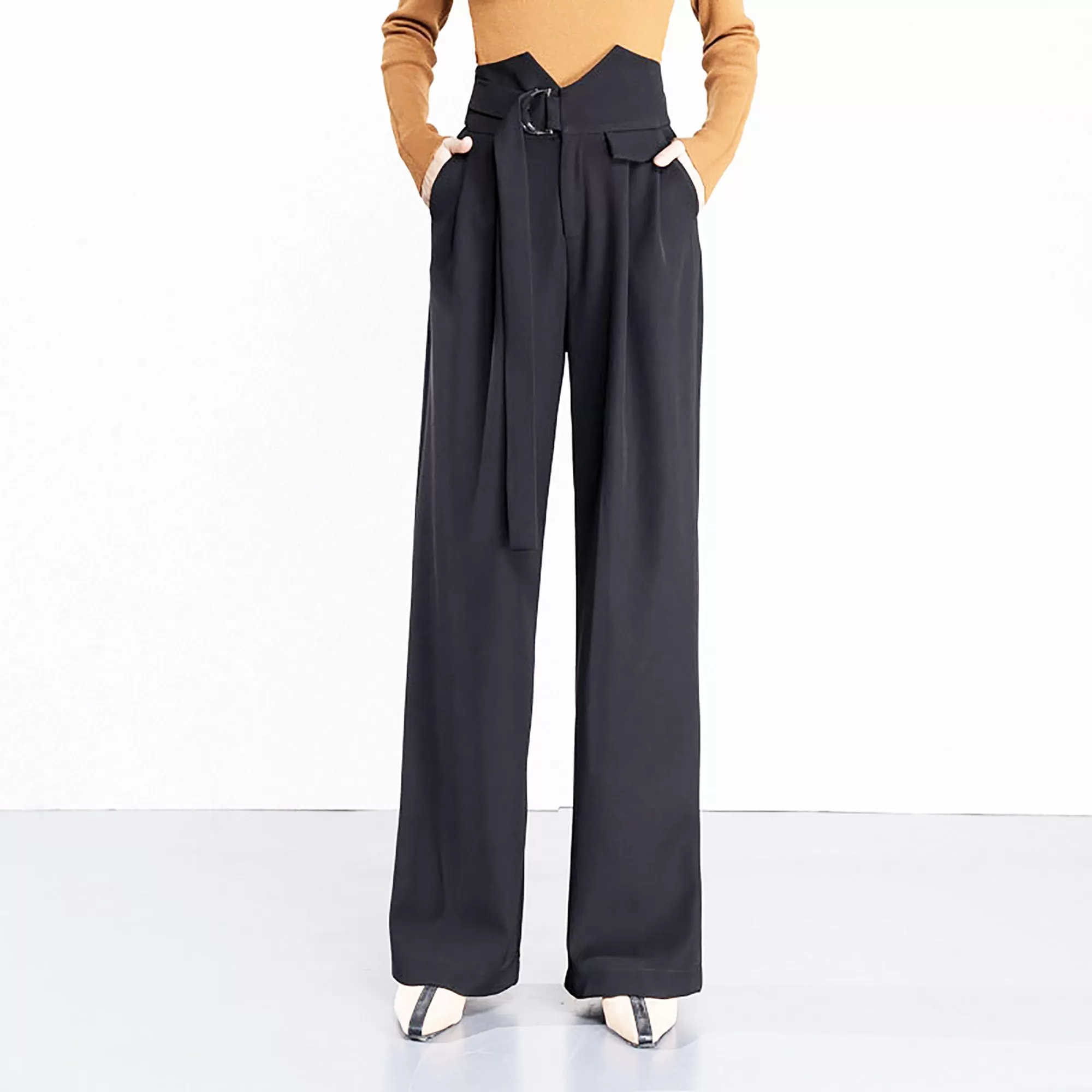 Alisa Black D-Ring Belt Wide Leg Pants