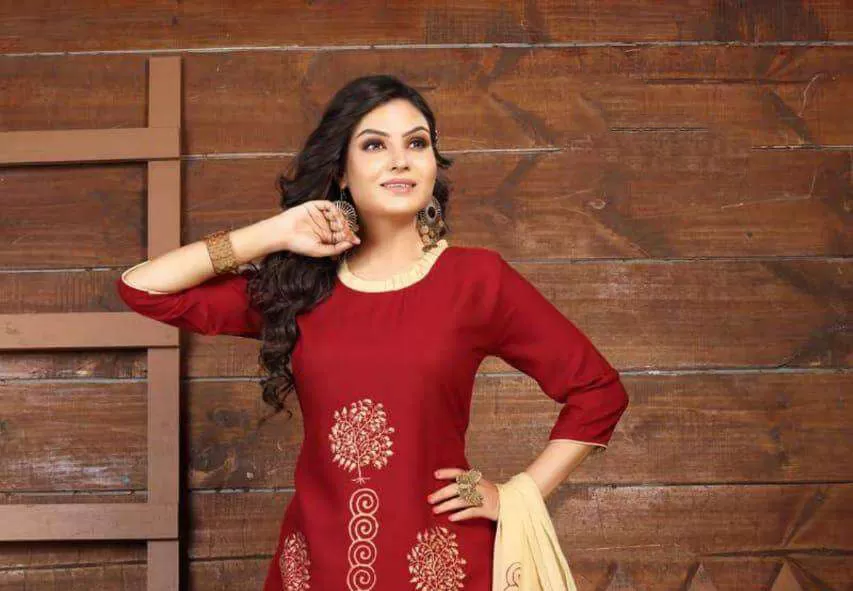 Alluring Red Color Printed Kurti With Beige Palazzo Pant and a Beige Dupatta