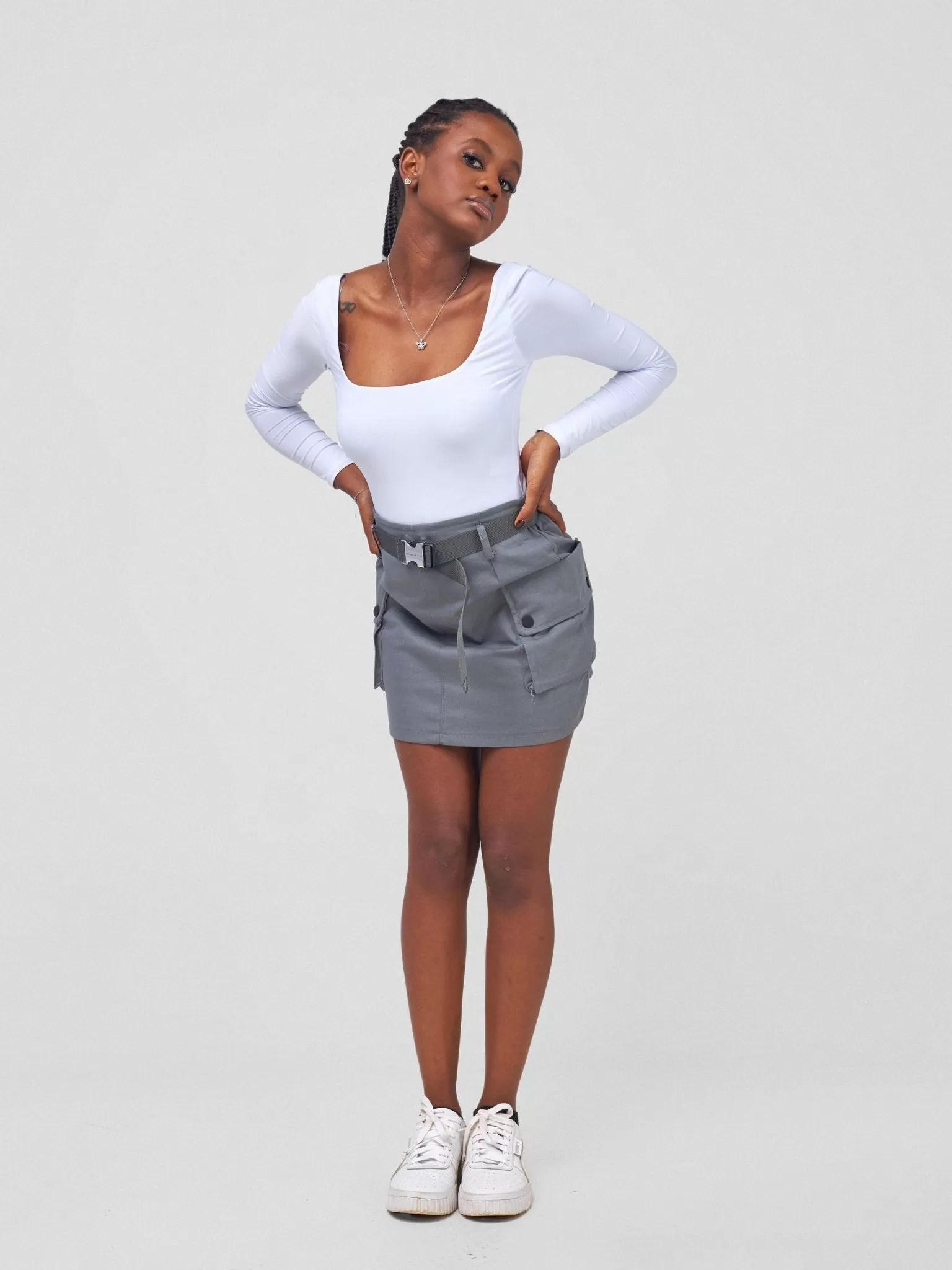 Anika Vintage Highwaisted Large Pockets Cargo Mini Skirt - Grey