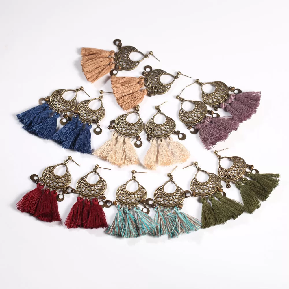 Antique Bronze Ethnic Tassel Earrings - 5 Colors