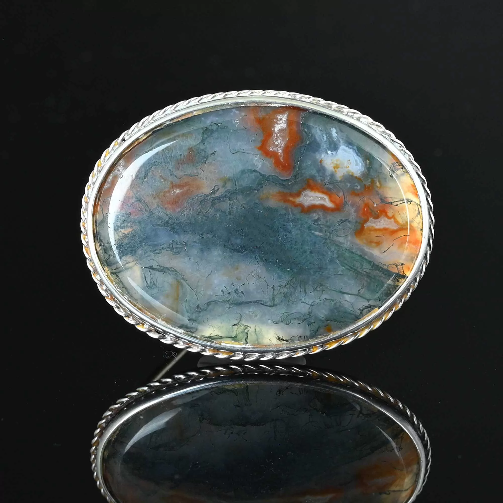 Antique Large Moss agate Brooch in Sterling Silver