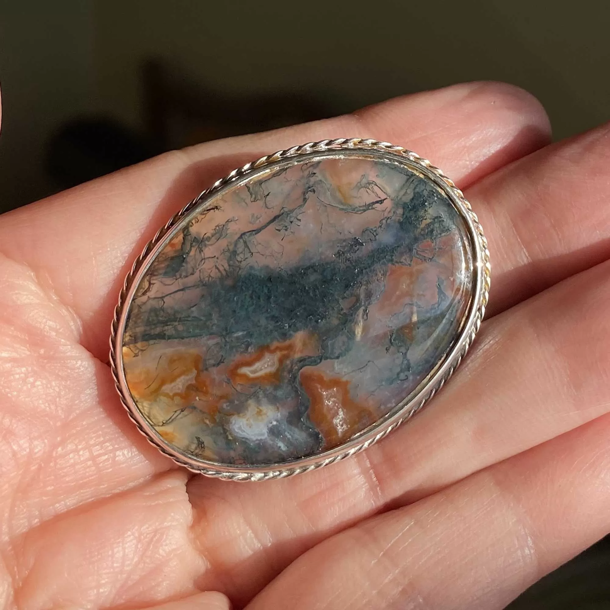 Antique Large Moss agate Brooch in Sterling Silver