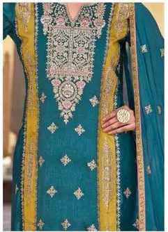 Attractive Teal Blue Colored Premium Silk Embroidery Work Salwar Suits With Fancy Dupatta