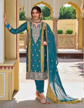 Attractive Teal Blue Colored Premium Silk Embroidery Work Salwar Suits With Fancy Dupatta