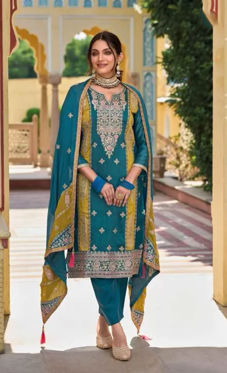 Attractive Teal Blue Colored Premium Silk Embroidery Work Salwar Suits With Fancy Dupatta