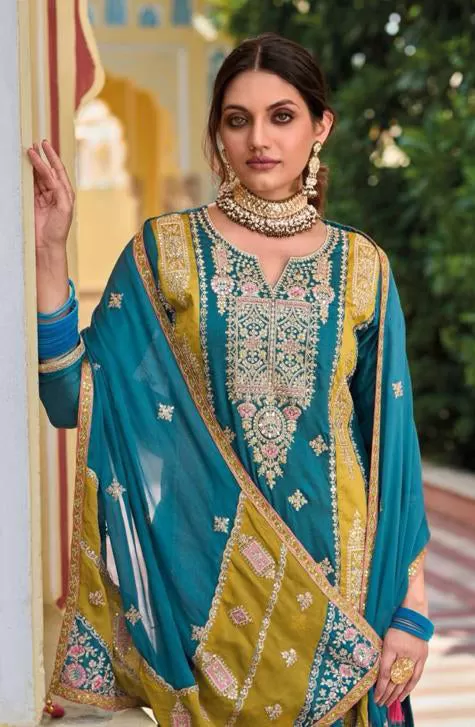 Attractive Teal Blue Colored Premium Silk Embroidery Work Salwar Suits With Fancy Dupatta