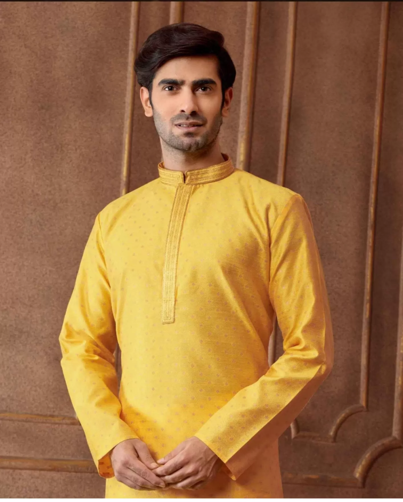 Attractive Yellow Color Poly Jacquard Kurta With Pajama Pant For Men