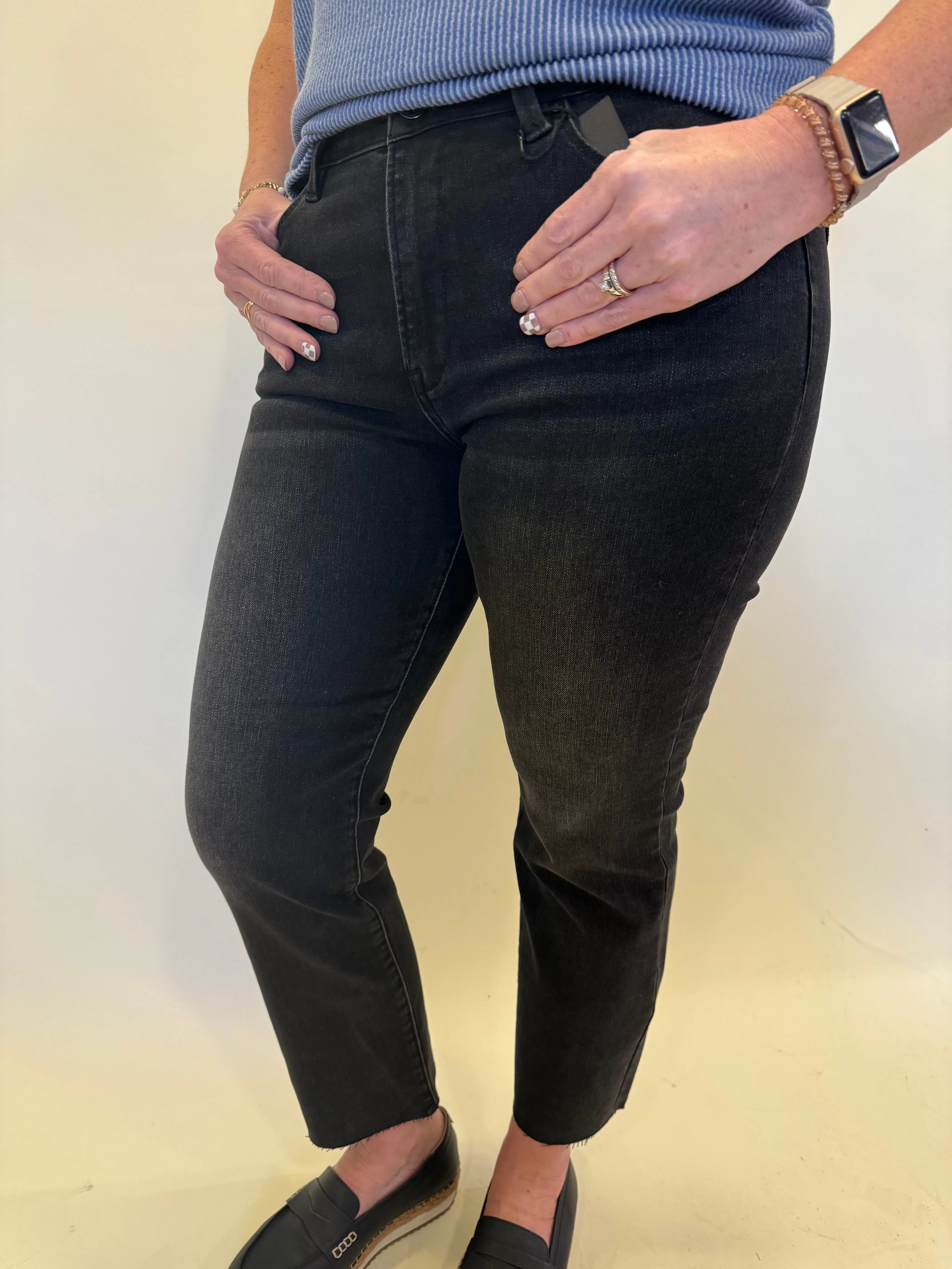 AVERIE BLACK MID RISE RAW EDGE HEM STRAIGHT JEANS