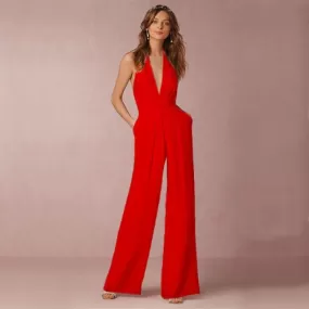 Backless Top Style Jumpsuit - Red