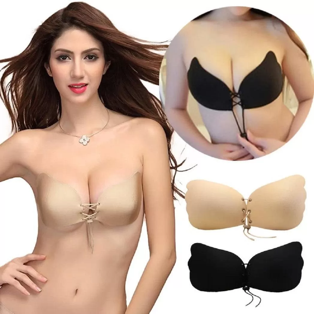 Bafully Invisible Adhesive Strapless Bra Sticky Push Up Silicone Bra with Drawstring for Women