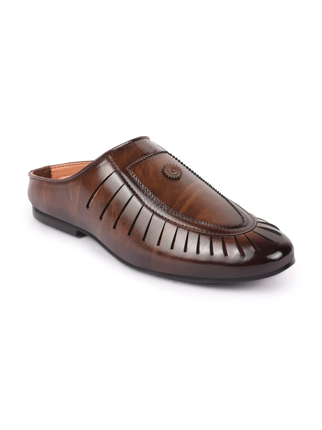 Basics Men Brown Back Open Laser Cut Design Classic Ethnic Slip On Mules