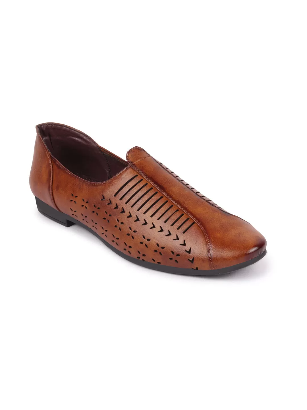 Basics Men Tan Laser Cut Design Stitched Ethnic Juttis and Mojaris