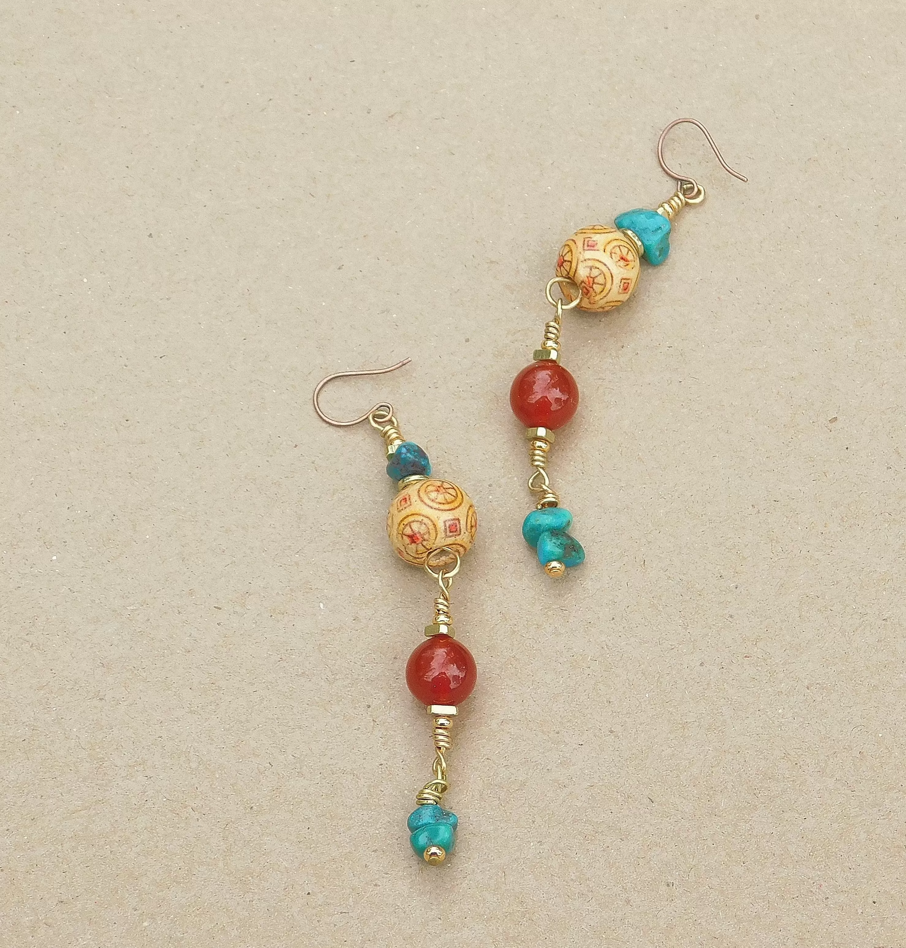 Beautiful Carnelian and Turquoise Dangling Earrings