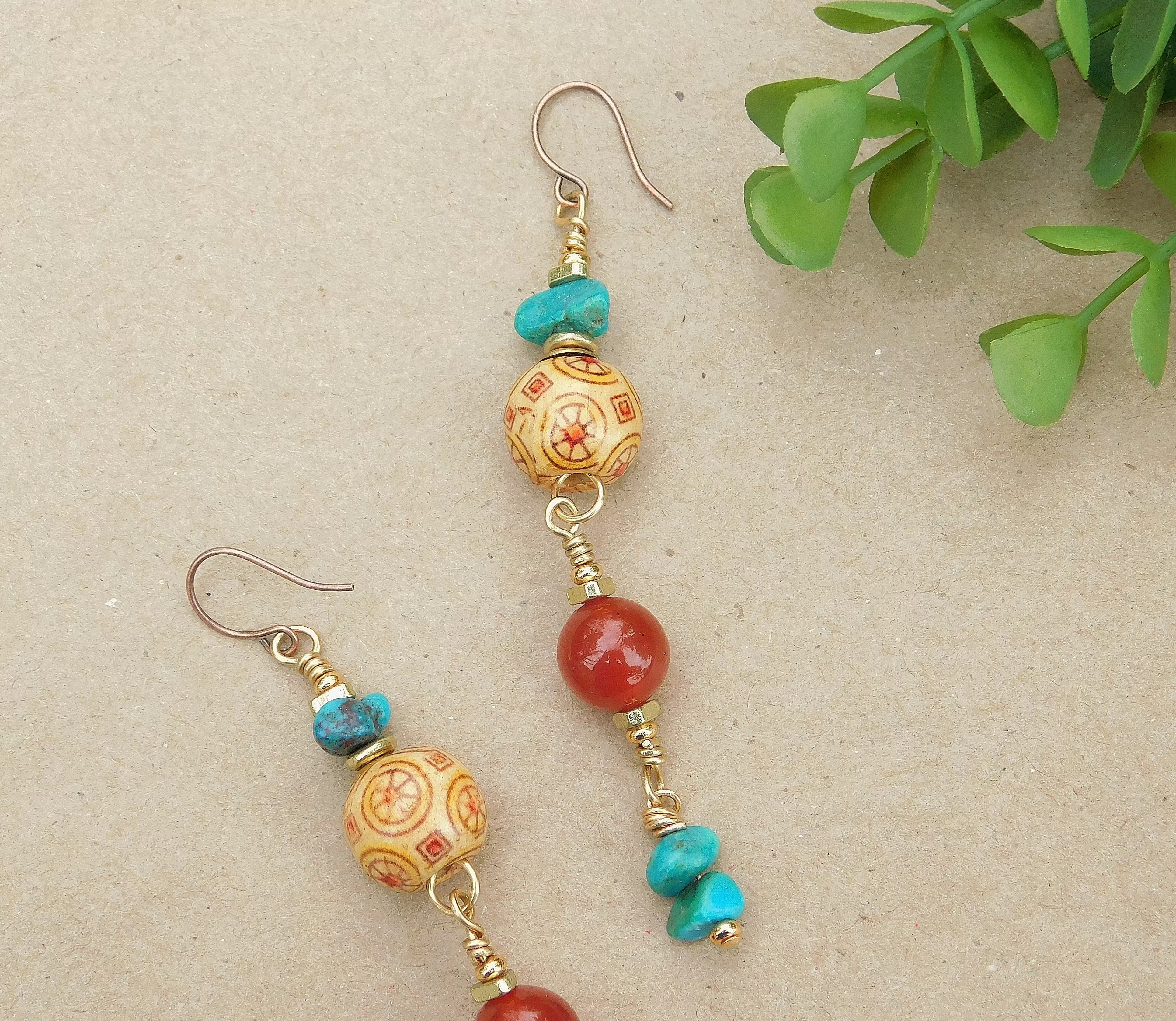 Beautiful Carnelian and Turquoise Dangling Earrings