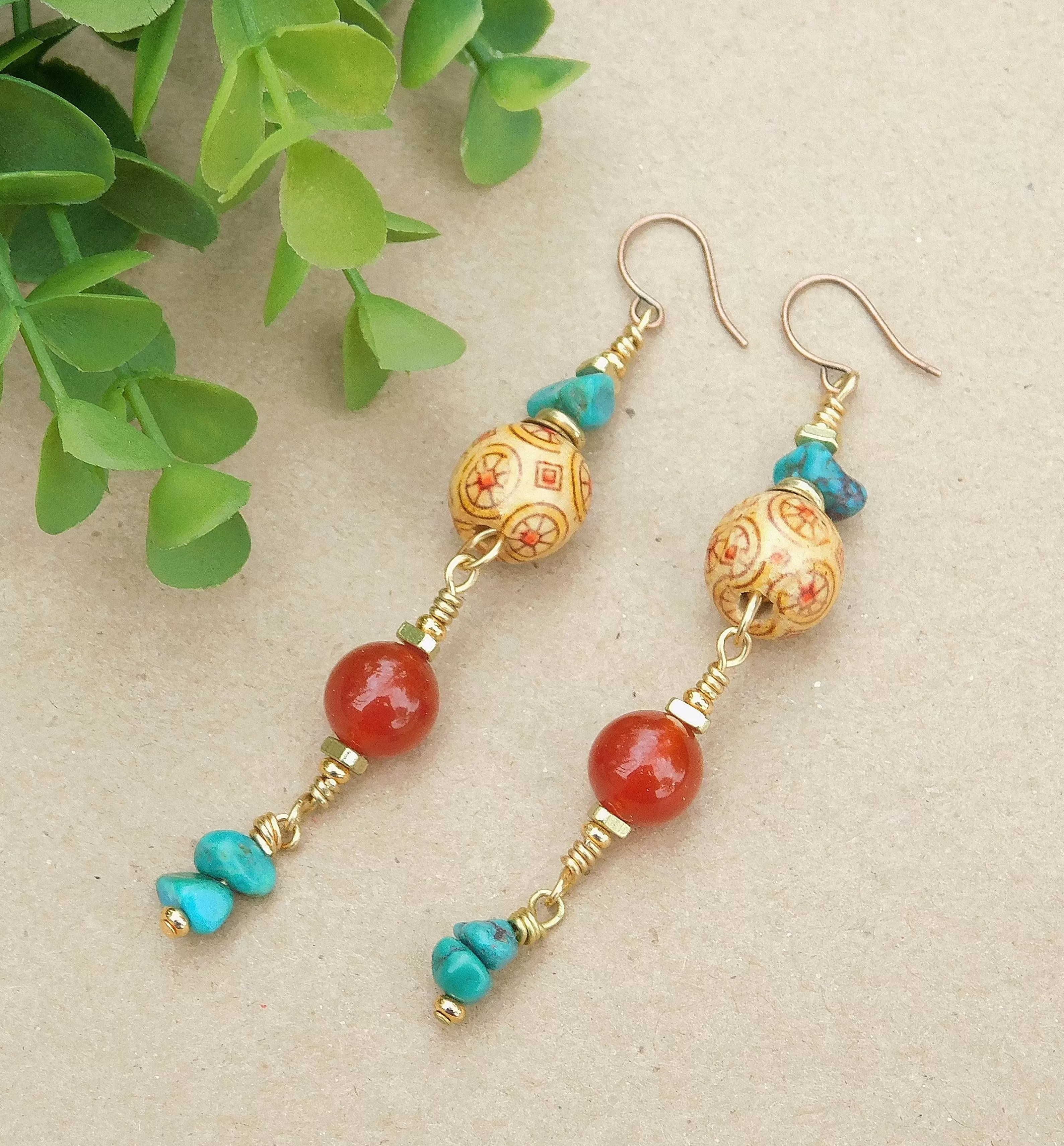 Beautiful Carnelian and Turquoise Dangling Earrings