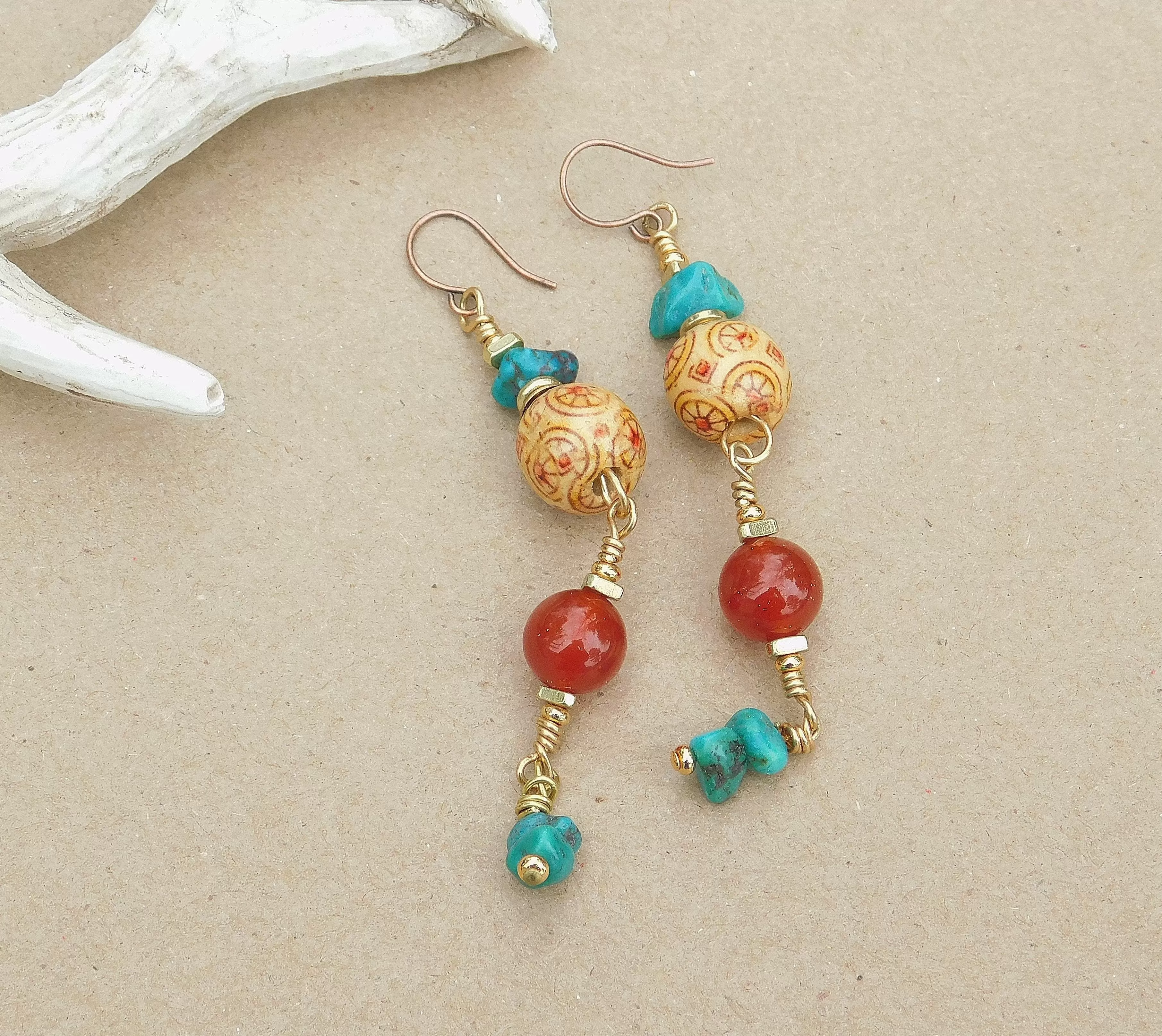 Beautiful Carnelian and Turquoise Dangling Earrings