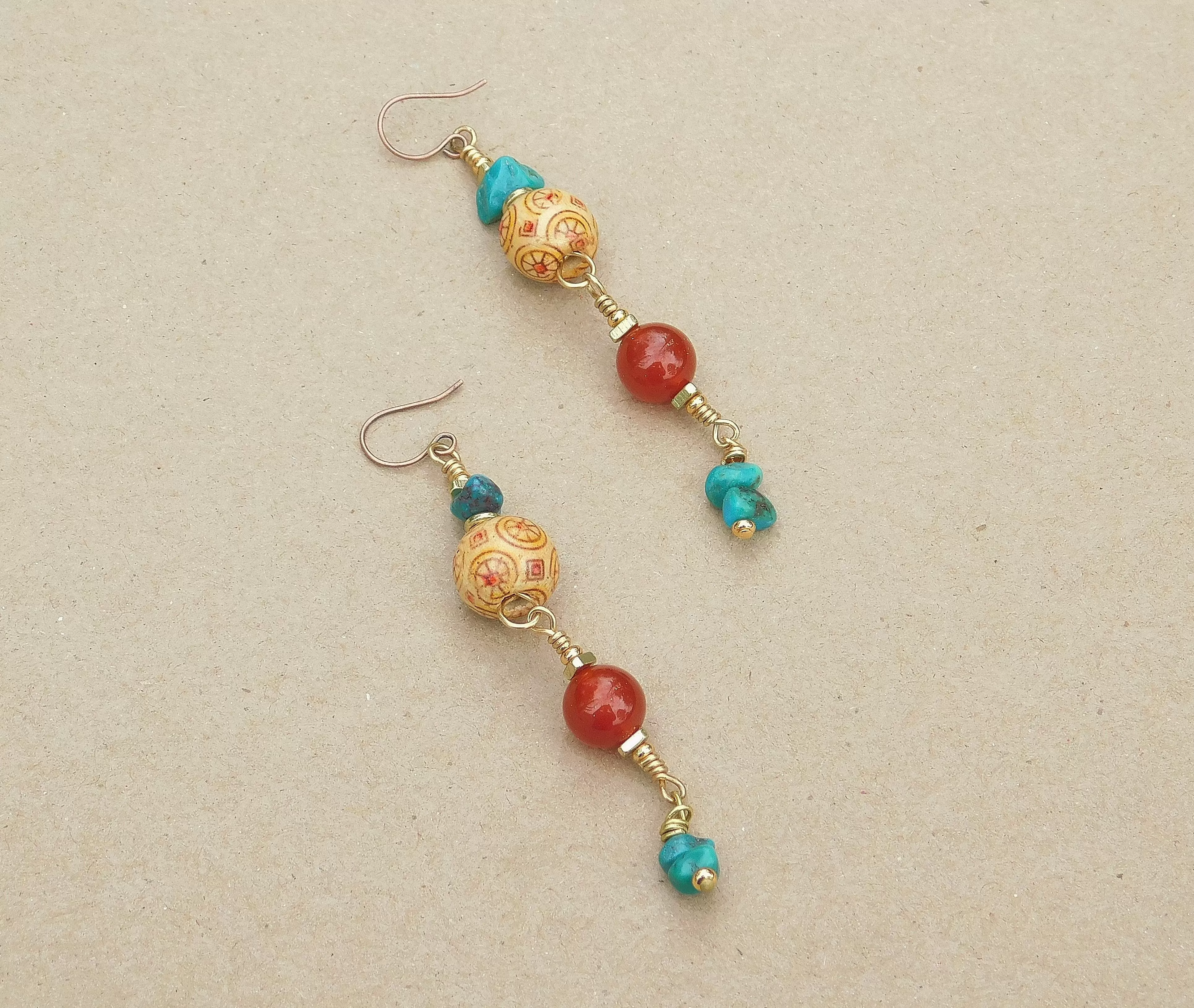 Beautiful Carnelian and Turquoise Dangling Earrings