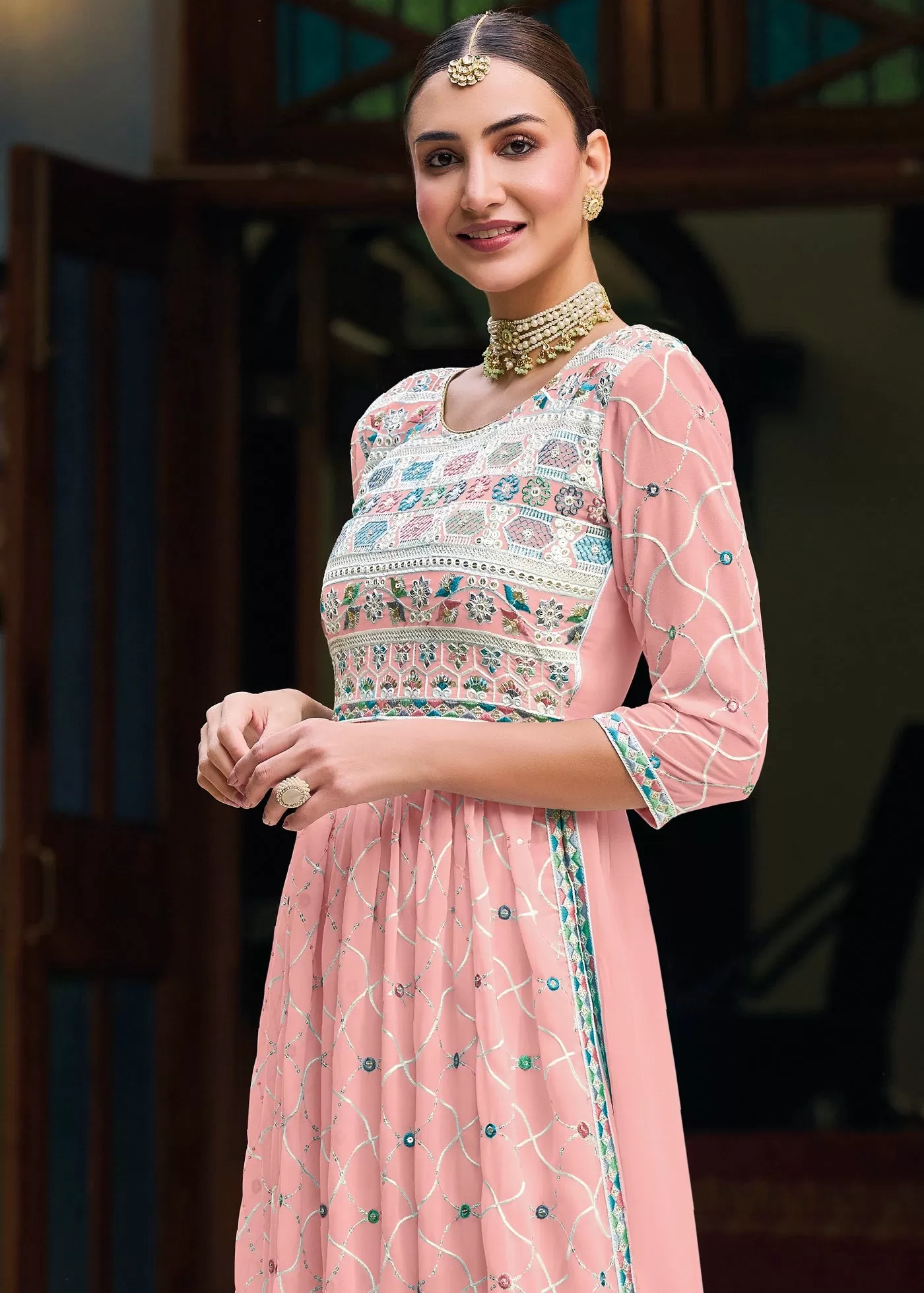 Beautiful Light Pink Colored Heavy Embroidery Georgette Palazzo Suit