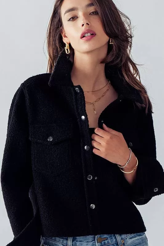 Bella Snap Button Semi Crop Teddy Jacket in Black