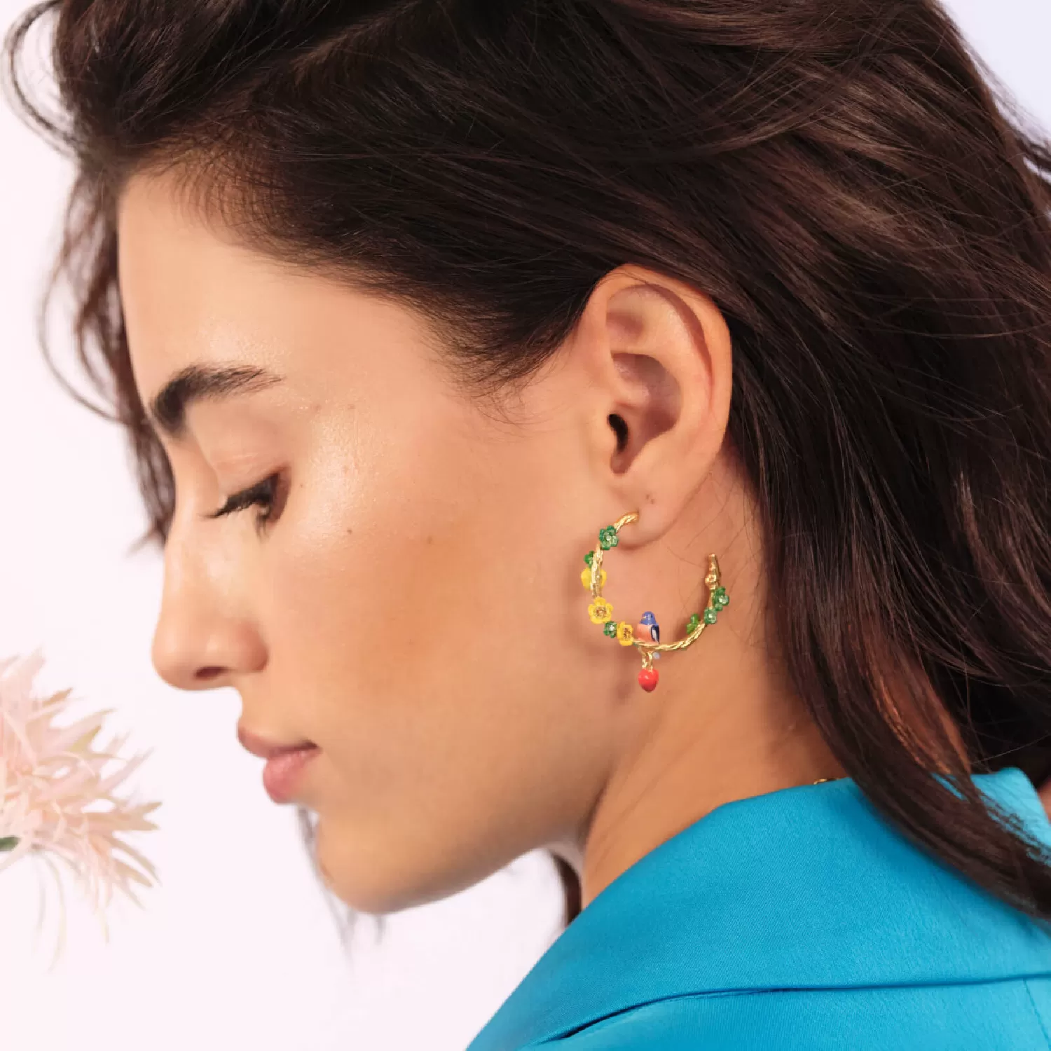 Bird and Flowers Hoop Earrings