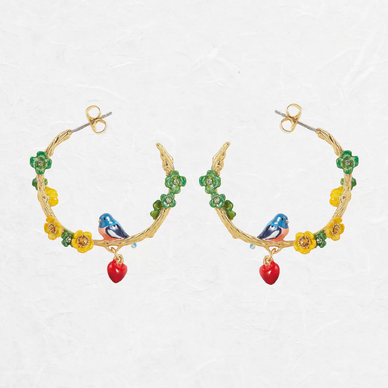 Bird and Flowers Hoop Earrings