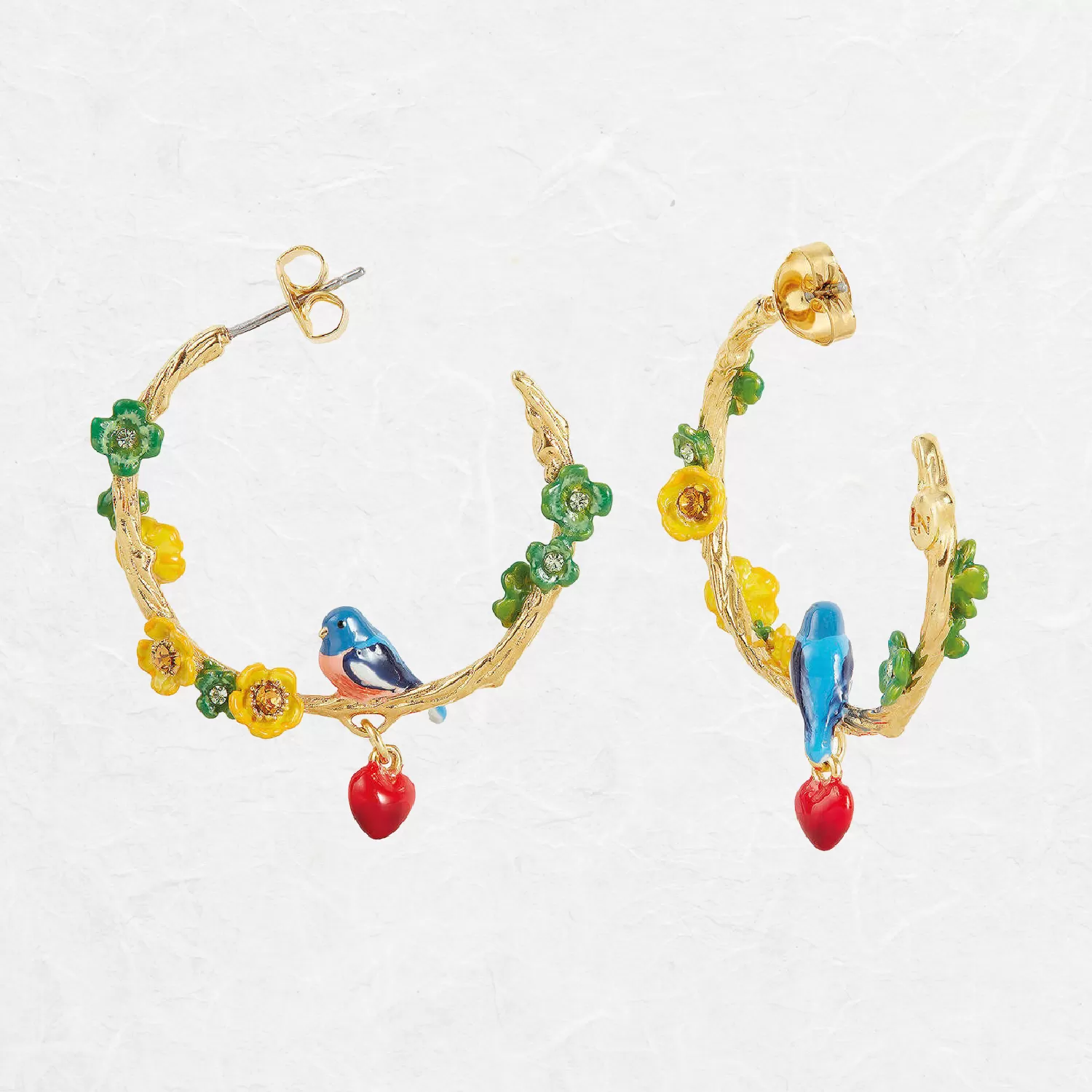 Bird and Flowers Hoop Earrings