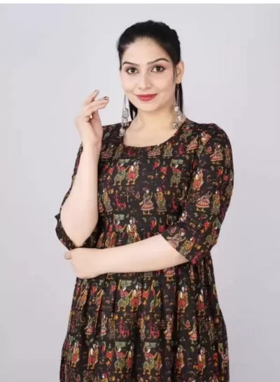 Black Jaipuri Print Cotton Maternity Dress Gown