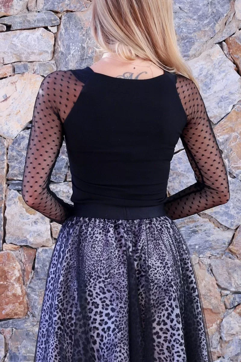 Black Tango Top With Long Polka Dot Tulle Sleeves (L)