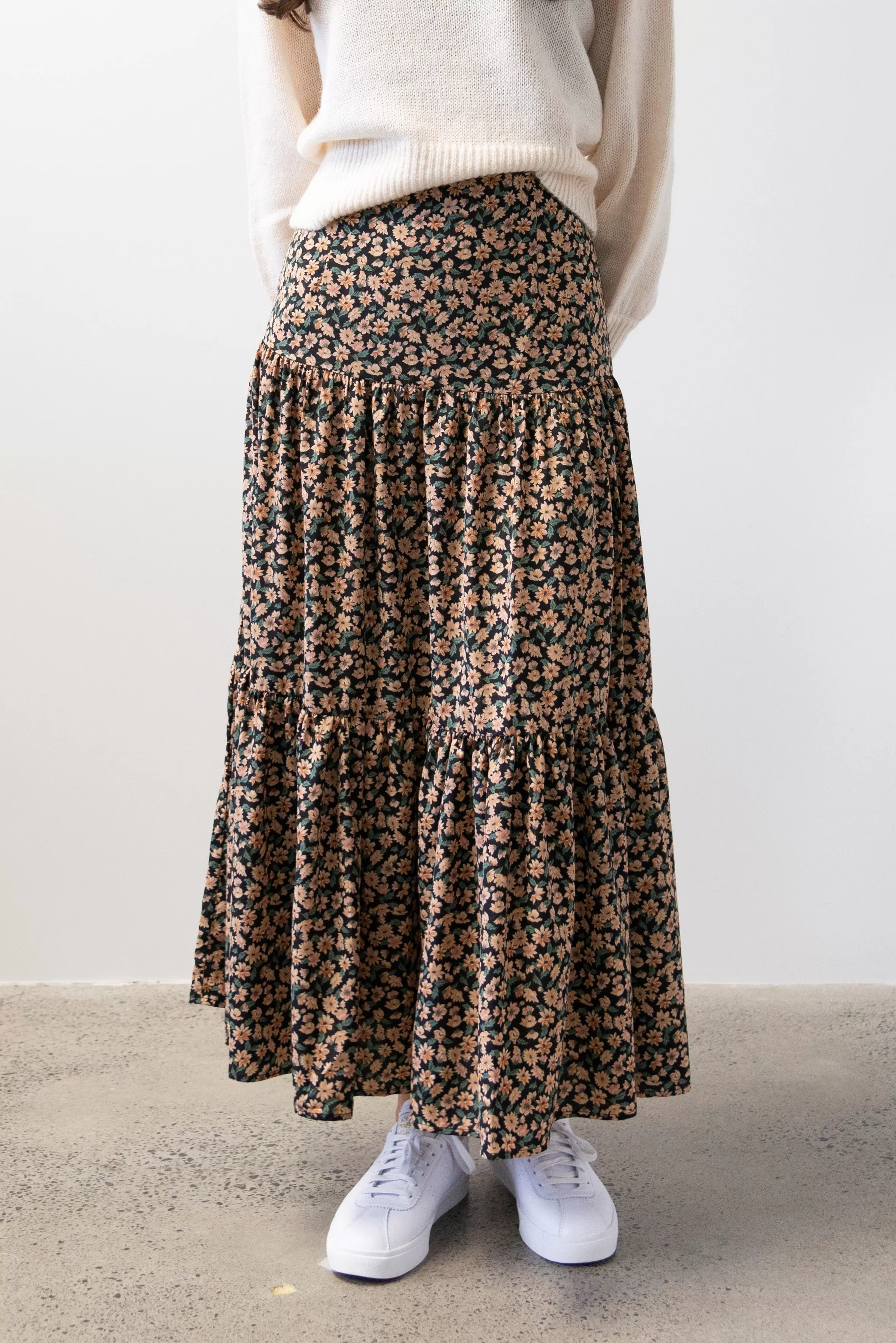 Blazing Autumn Floral Floaty Tiered Maxi Skirt