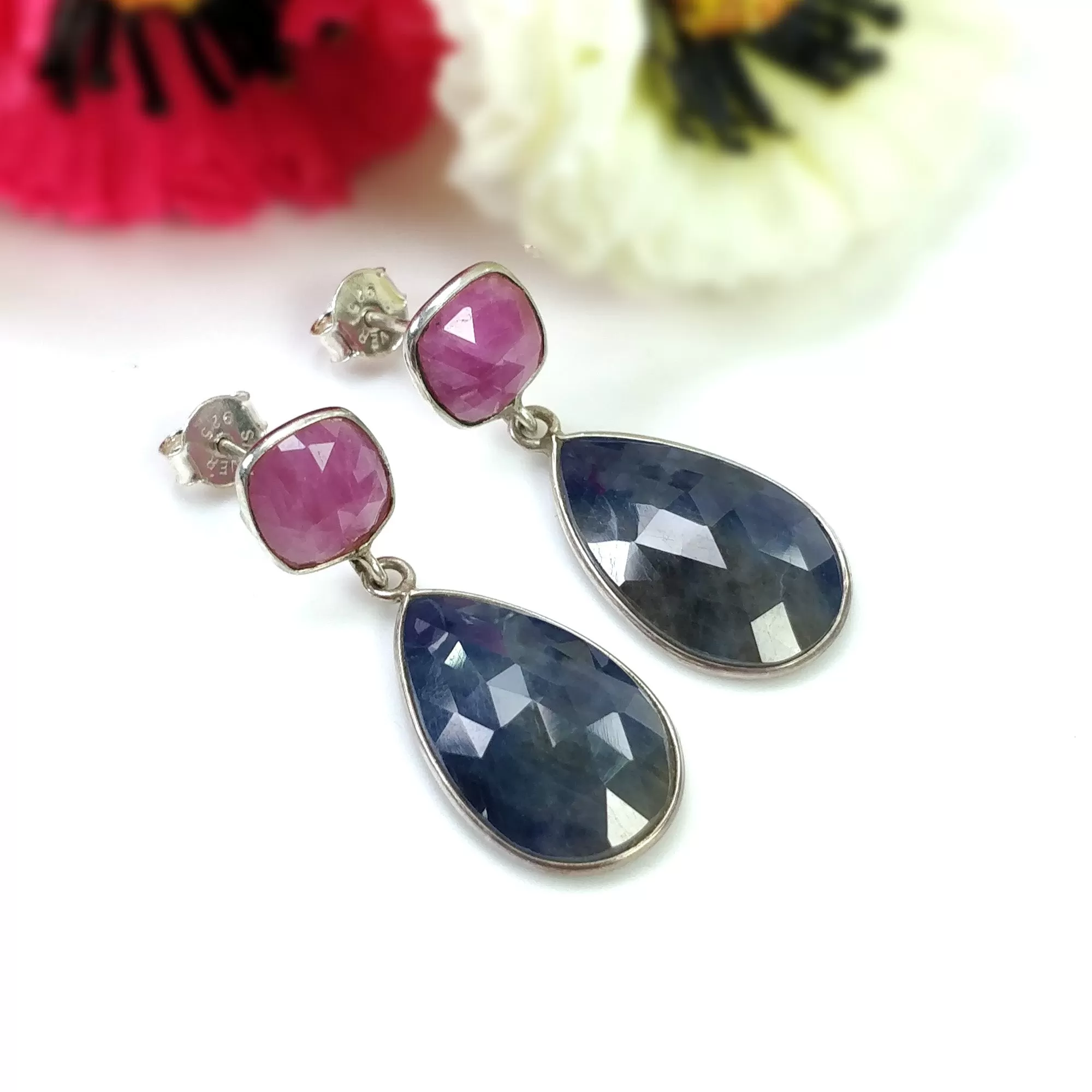 BLUE SAPPHIRE RUBY Gemstone Bezel Set Earrings : 5.91gms Natural 925 Sterling Silver Drop Dangle Push Back Earrings 1.25"