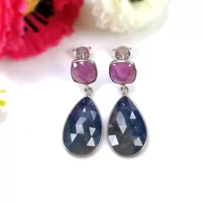 BLUE SAPPHIRE RUBY Gemstone Bezel Set Earrings : 5.91gms Natural 925 Sterling Silver Drop Dangle Push Back Earrings 1.25"