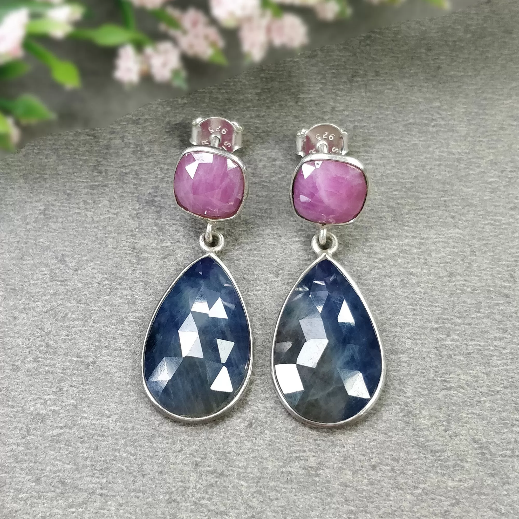 BLUE SAPPHIRE RUBY Gemstone Bezel Set Earrings : 5.91gms Natural 925 Sterling Silver Drop Dangle Push Back Earrings 1.25"