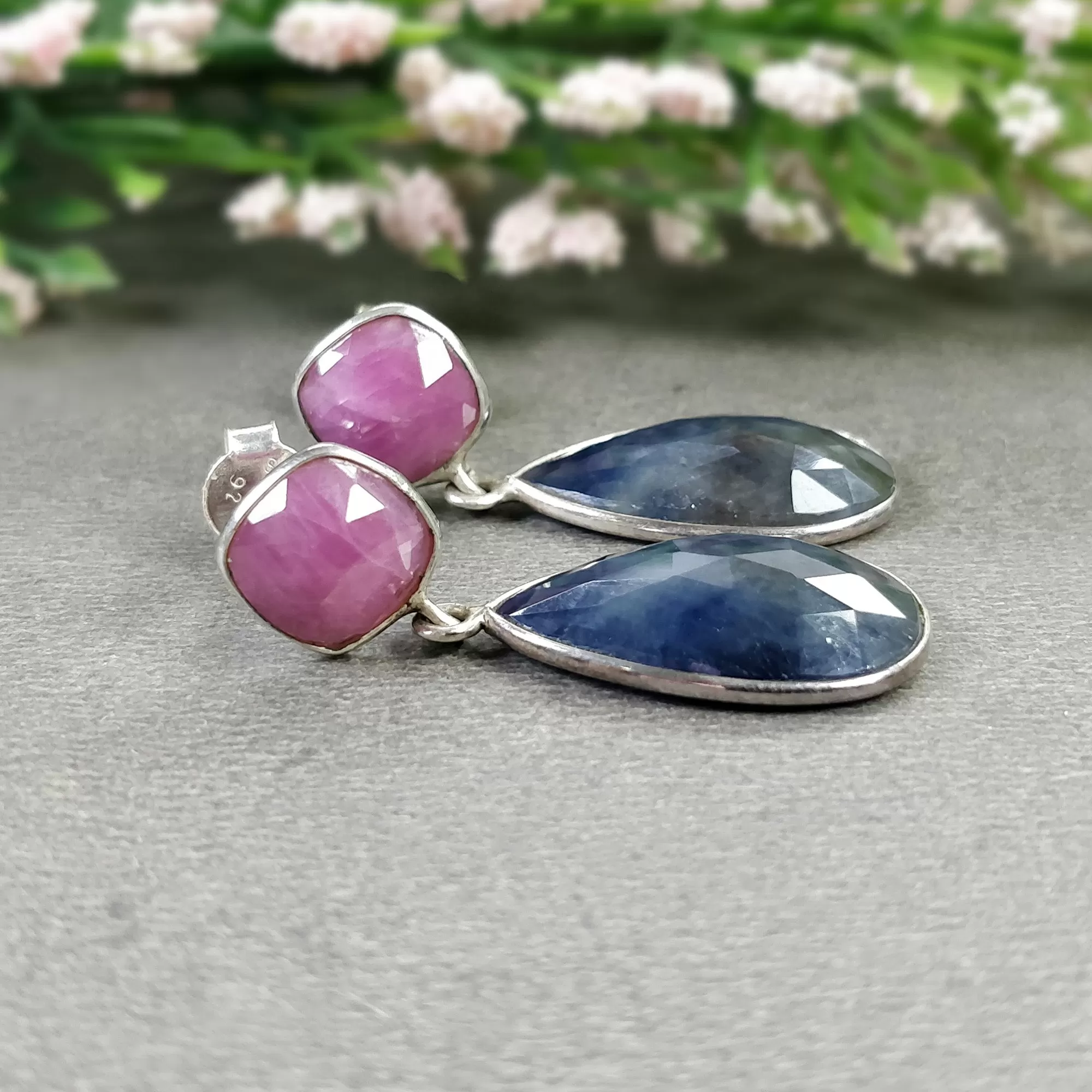 BLUE SAPPHIRE RUBY Gemstone Bezel Set Earrings : 5.91gms Natural 925 Sterling Silver Drop Dangle Push Back Earrings 1.25"