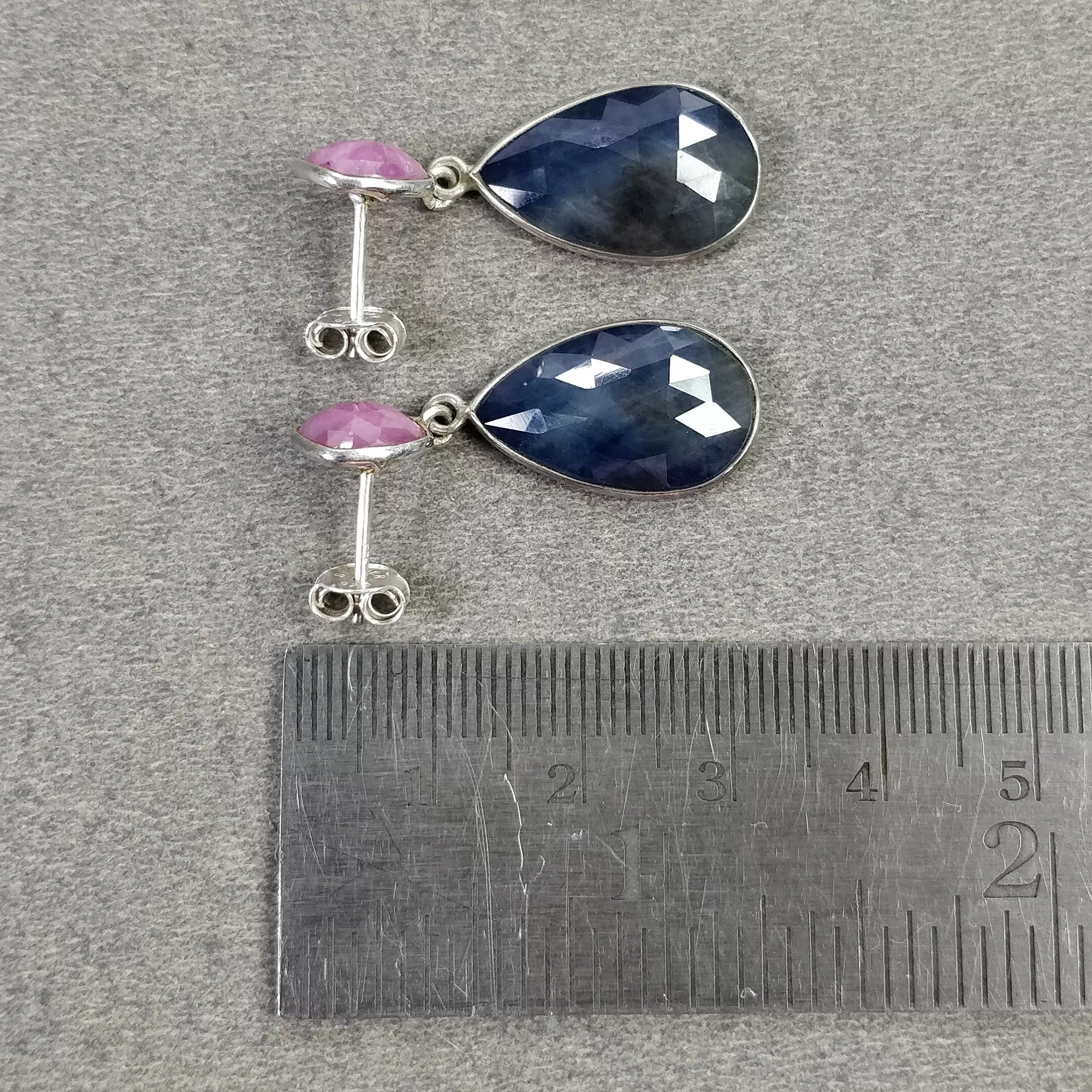 BLUE SAPPHIRE RUBY Gemstone Bezel Set Earrings : 5.91gms Natural 925 Sterling Silver Drop Dangle Push Back Earrings 1.25"