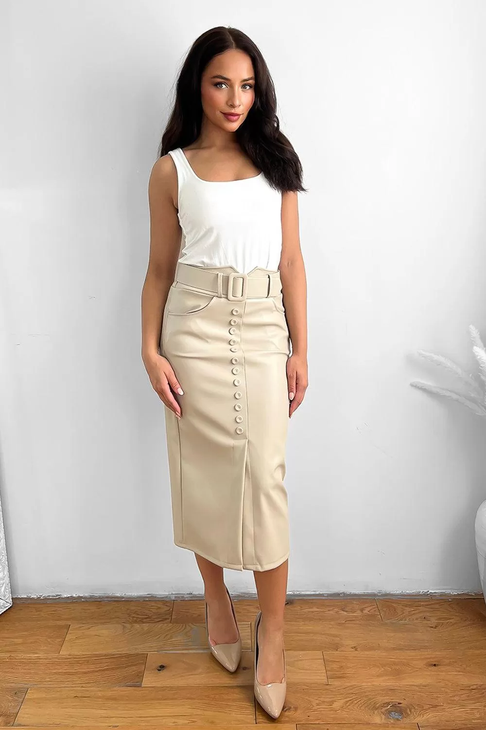 Buttoned Front Belted Vegan Leather Midi Skirts