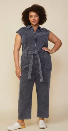 Celia Zip Up Denim Jumpsuit in Black