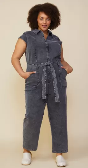 Celia Zip Up Denim Jumpsuit in Black