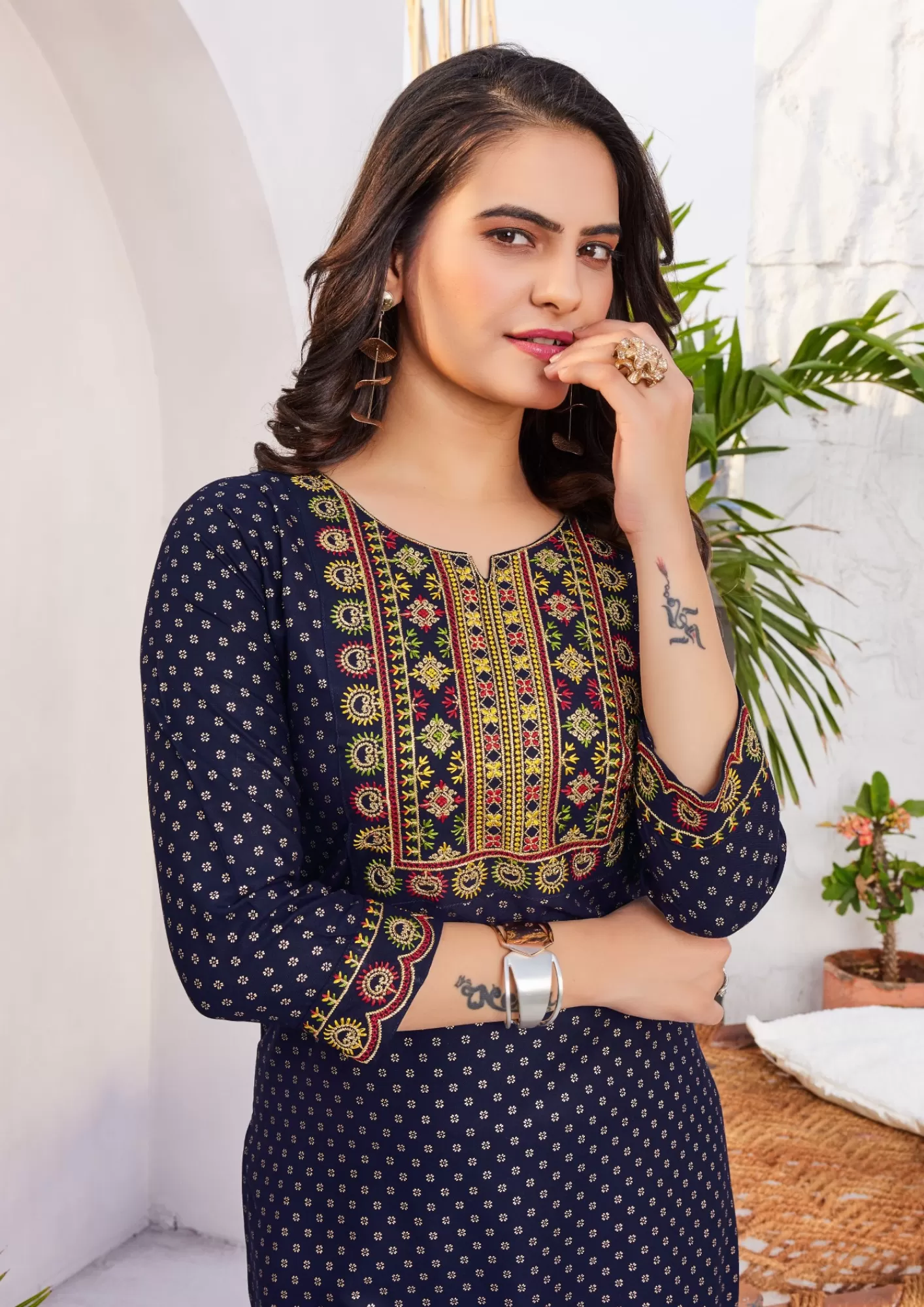 Charming Dark Blue Colored Rayon Kurti With Zari & Thread Embroidery Work