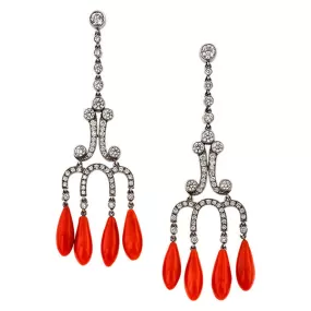 Coral & Diamond Drop Earrings