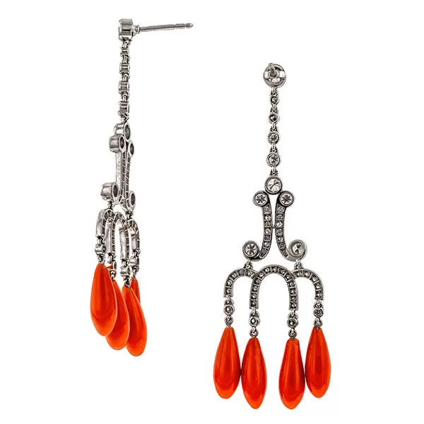 Coral & Diamond Drop Earrings