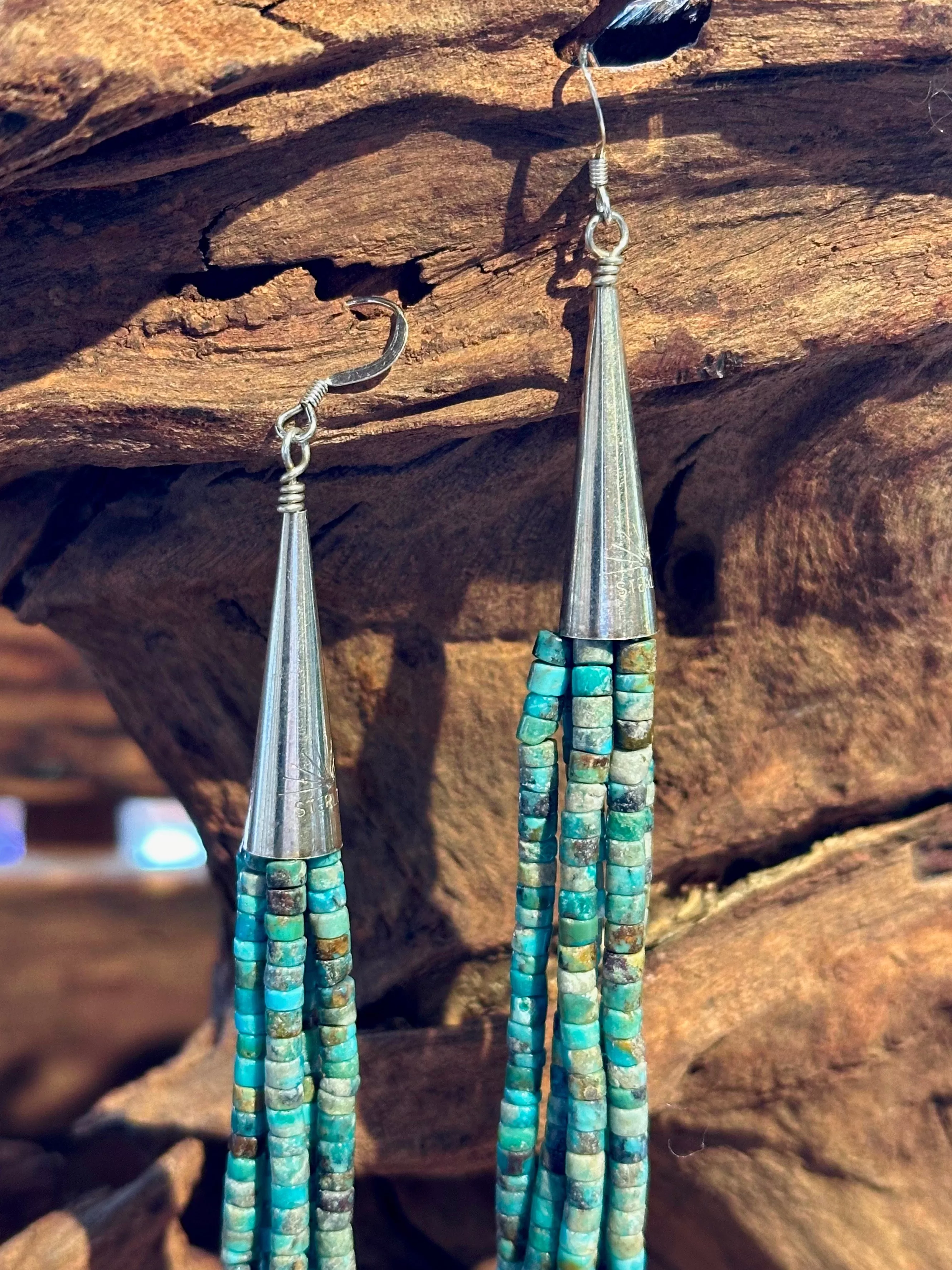 CORRAINE SMITH Navajo Kingman Turquoise Beaded Fringe Dangle Earrings