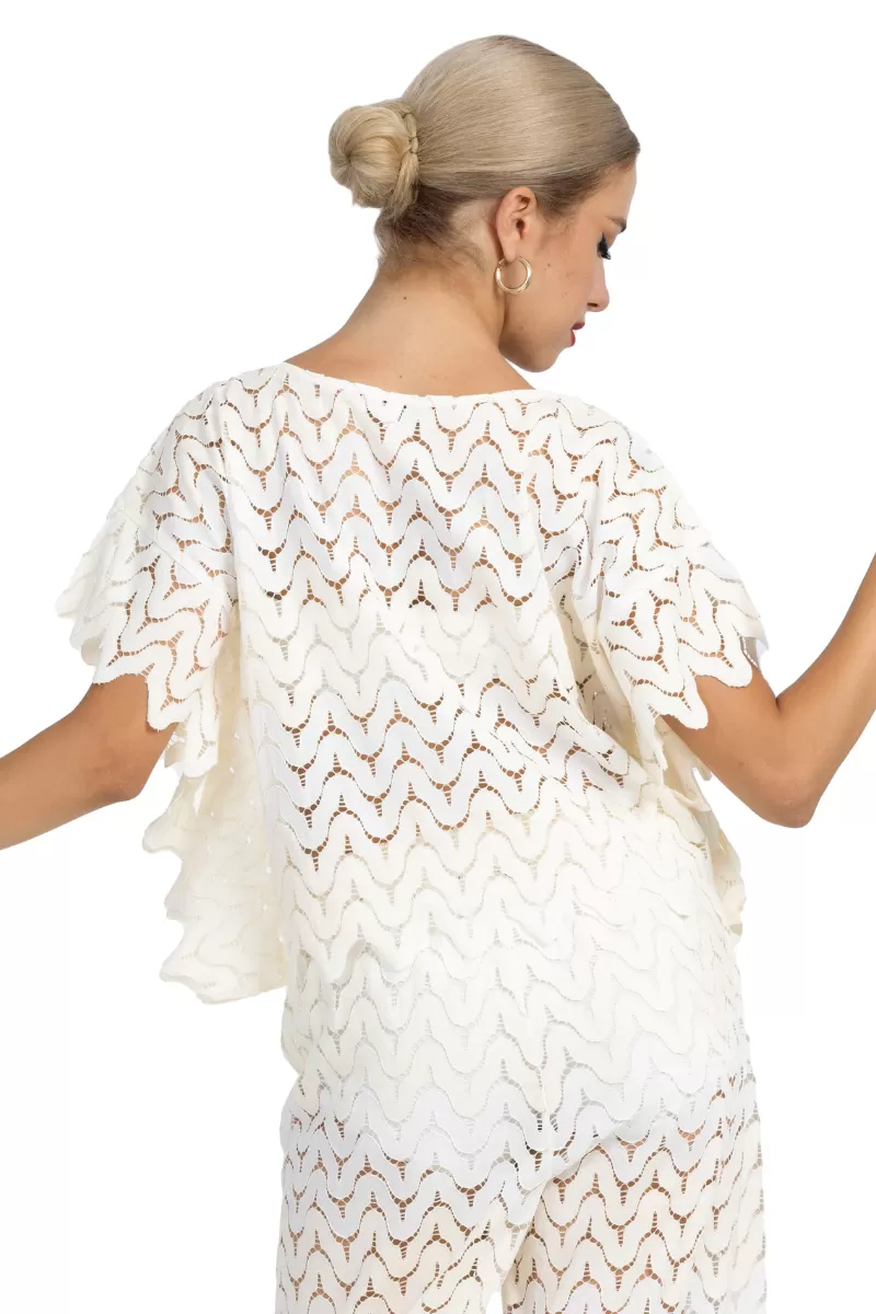 Cream and Off-White Zig-Zag Lace Boxy Crop Top