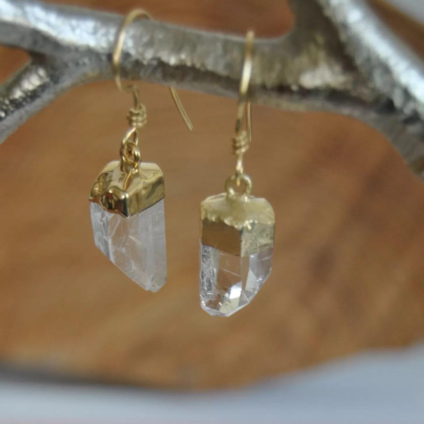 Crystal Quartz  Point Dangle Earrings in Gold